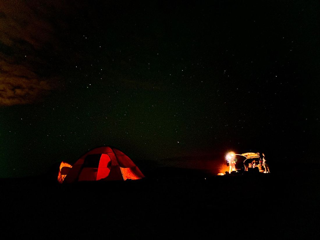 Lit tent at night