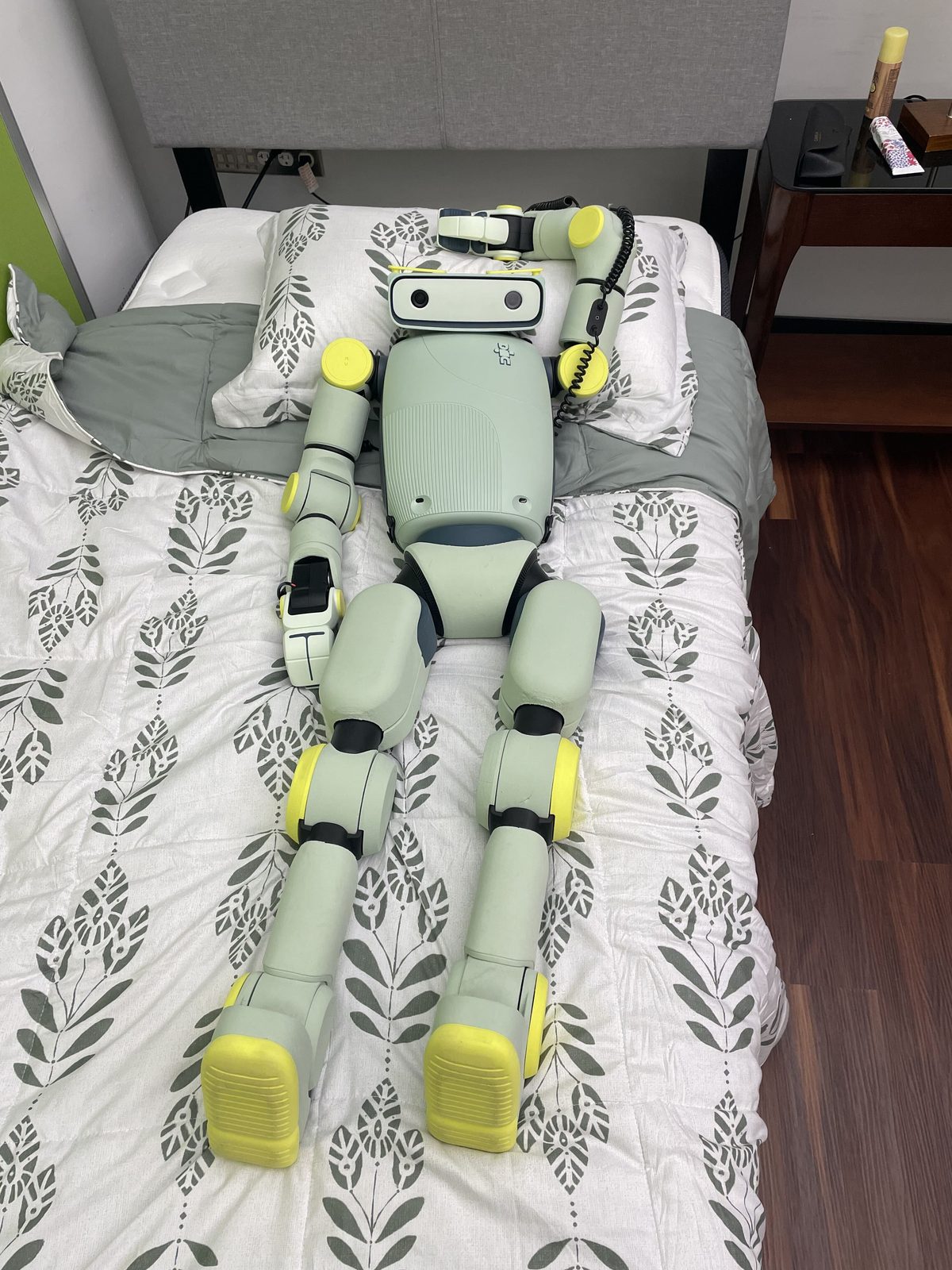 The Sprout humanoid lying on its back on a bed