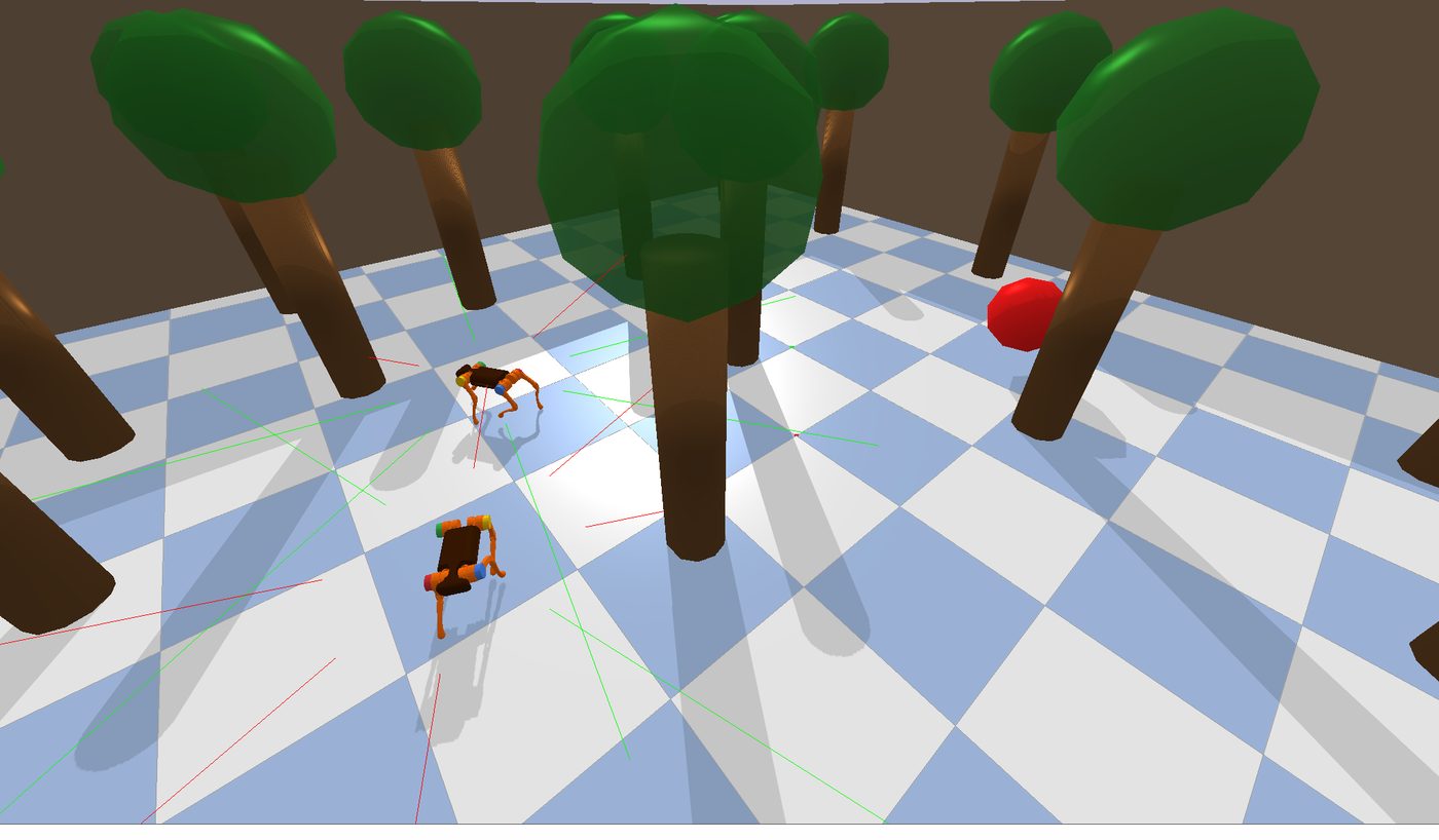 A close view of two quadruped robots between tree trunks. A red sphere sits to the right. Red and green sensor lines cross the floor.