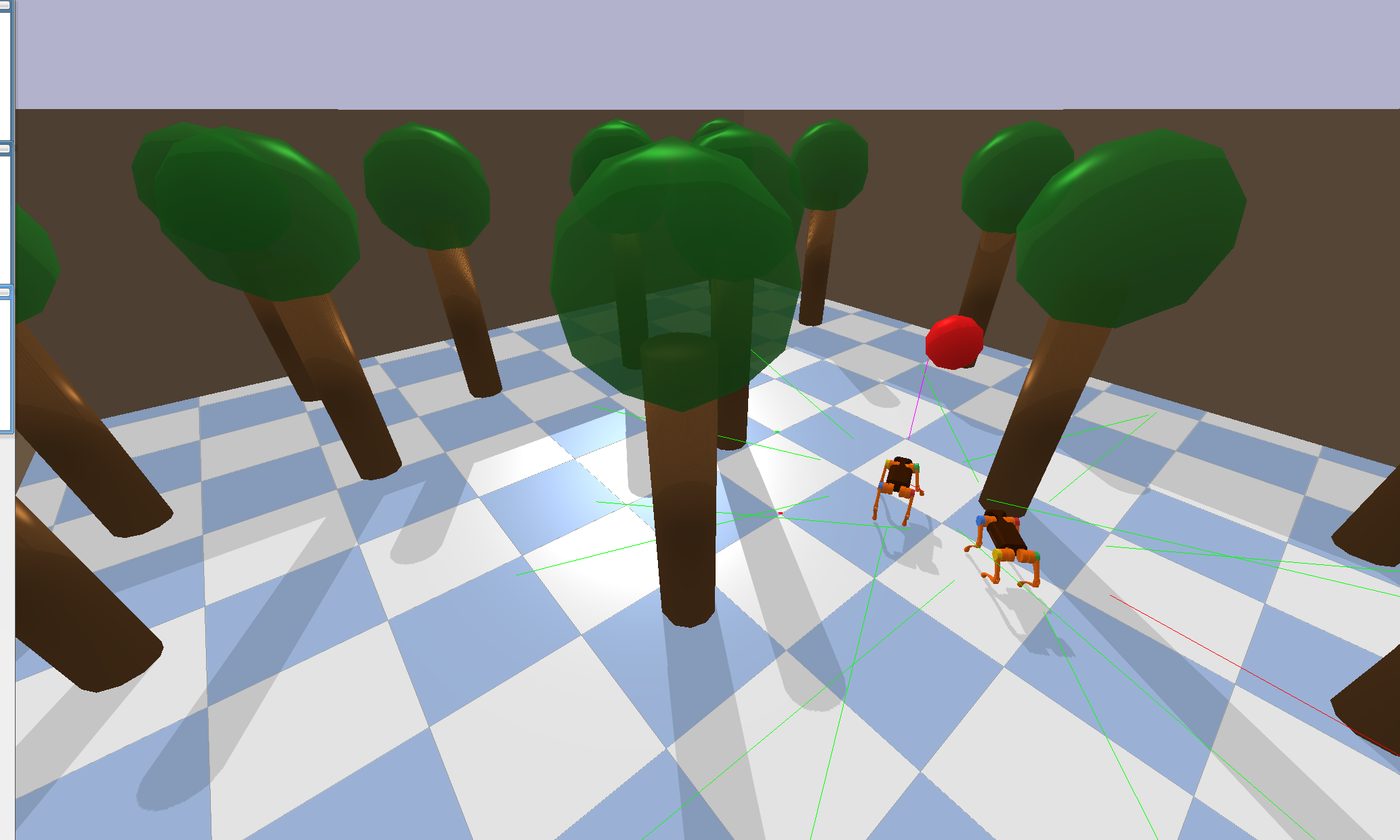 A PyBullet view of a forest of tall trees on a checked floor. Two small quadruped robots stand near the centre. A red sphere floats between the trees.