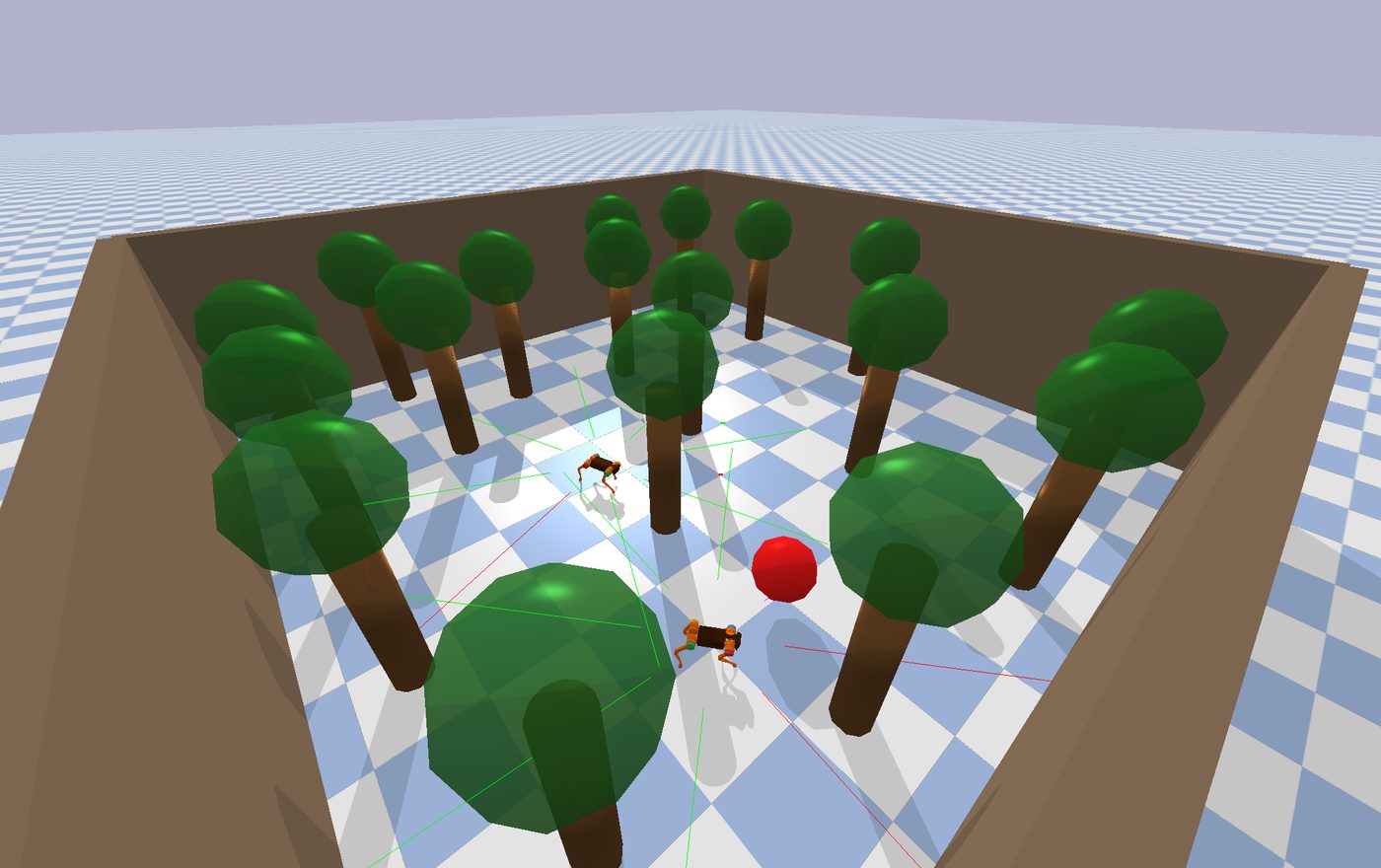 A wide view of the whole walled arena from above and to the side. Eighteen trees are spread across the floor. Two robots and a red sphere are visible among them.