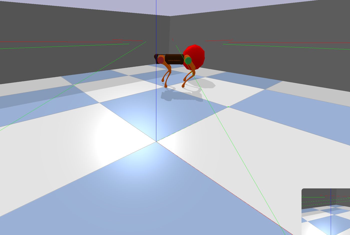 A PyBullet view of one quadruped robot standing on a blue and white checked floor. A red sphere sits on the back of the robot. Thin green and red lines extend outward from the body.